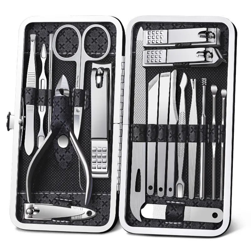 Complete nail clipper set with 8/9/11/12/16/19PCS stainless steel manicure and pedicure tools, including nail scissors, earpick, and toe nail clippers