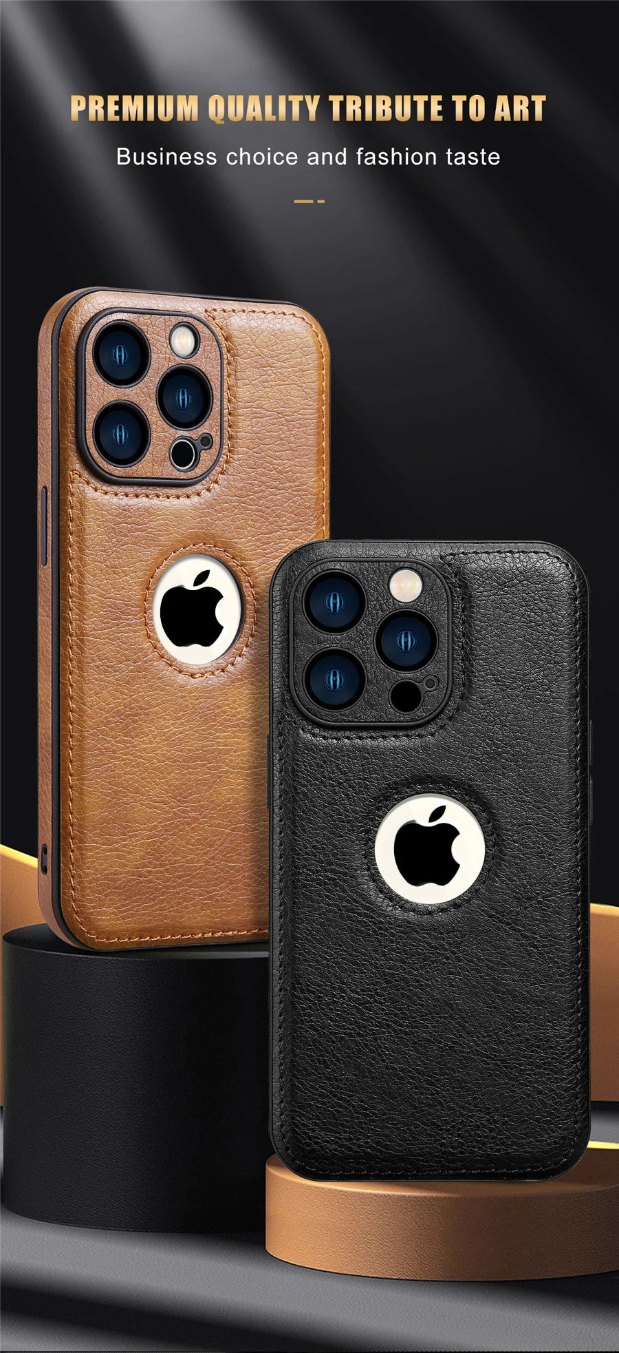 Luxury leather case with logo cutout and lens protection for iPhone 15 Pro Max, 14, 13, 12, 11, and older models