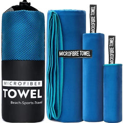 Quick-drying sports towel in blue, grey, green, and orange for gym, swimming, fitness, and outdoor activities