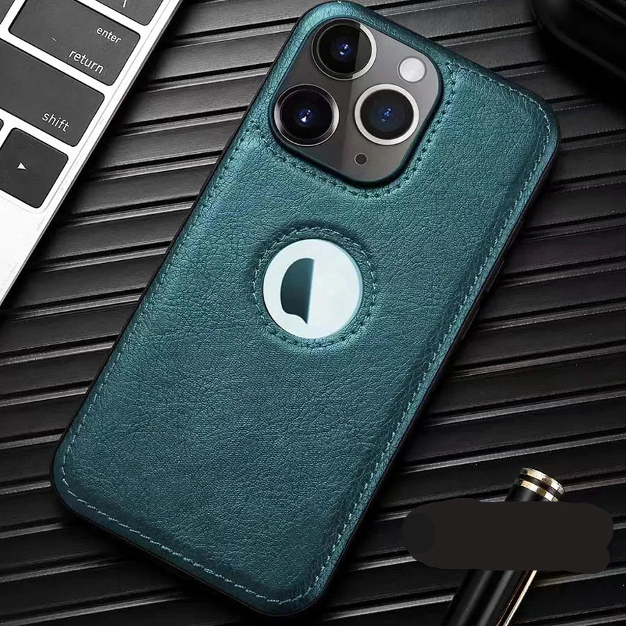 Luxury leather case with logo cutout and lens protection for iPhone 15 Pro Max, 14, 13, 12, 11, and older models