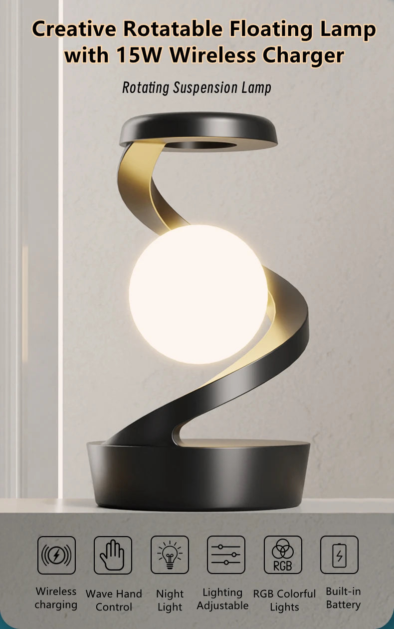 A modern creative table lamp with a rotating floating design, built-in 15W wireless charger for mobile phones, and RGB atmosphere night light for a cozy ambiance.