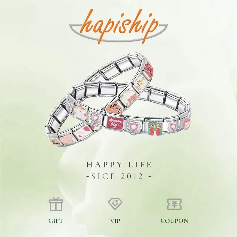 Hapiship 9mm Italian elastic charm bracelet, stainless steel fashion bangle for women