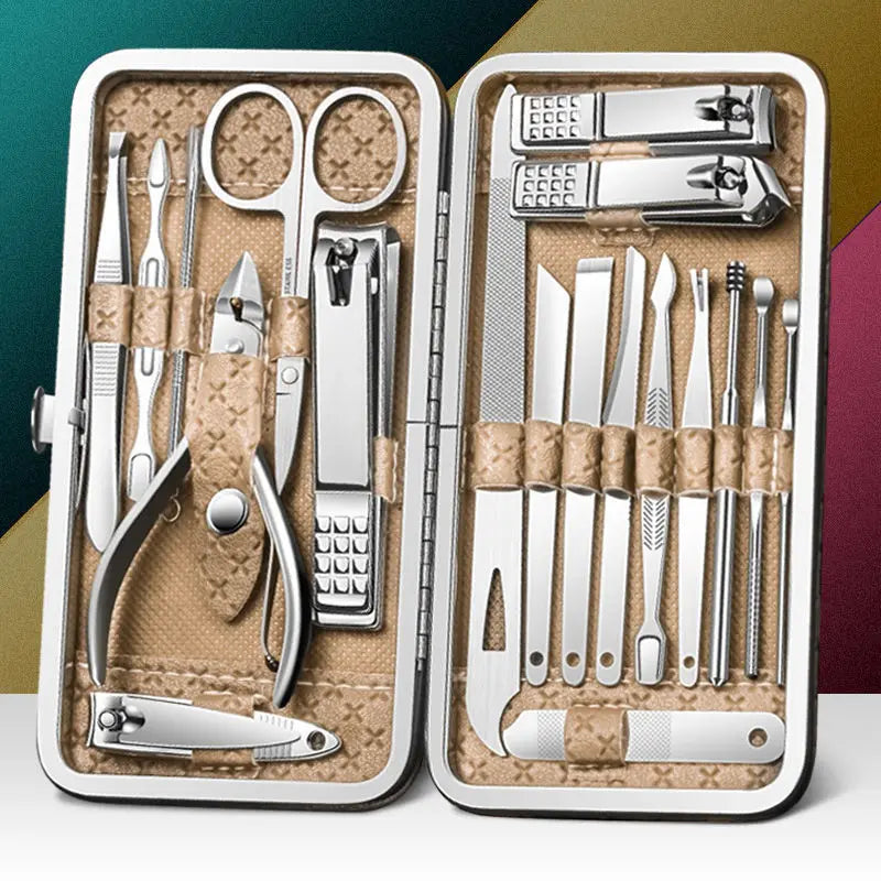 Complete nail clipper set with 8/9/11/12/16/19PCS stainless steel manicure and pedicure tools, including nail scissors, earpick, and toe nail clippers