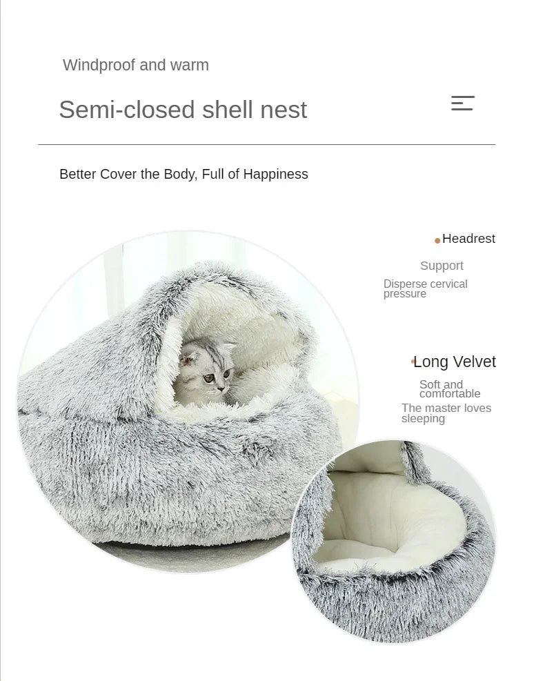 2 in 1 Winter Soft Plush Pet Bed Round Cat Bed Pet Mattress for Small Dogs and Kittens – Warm Sleeping Nest Cave