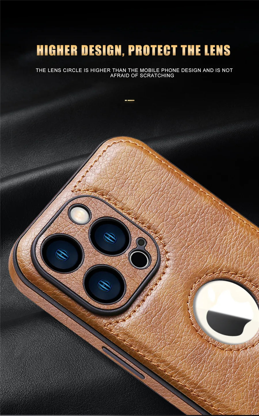 Luxury leather case with logo cutout and lens protection for iPhone 15 Pro Max, 14, 13, 12, 11, and older models