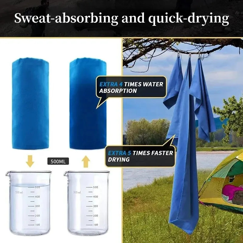 Quick-drying sports towel in blue, grey, green, and orange for gym, swimming, fitness, and outdoor activities