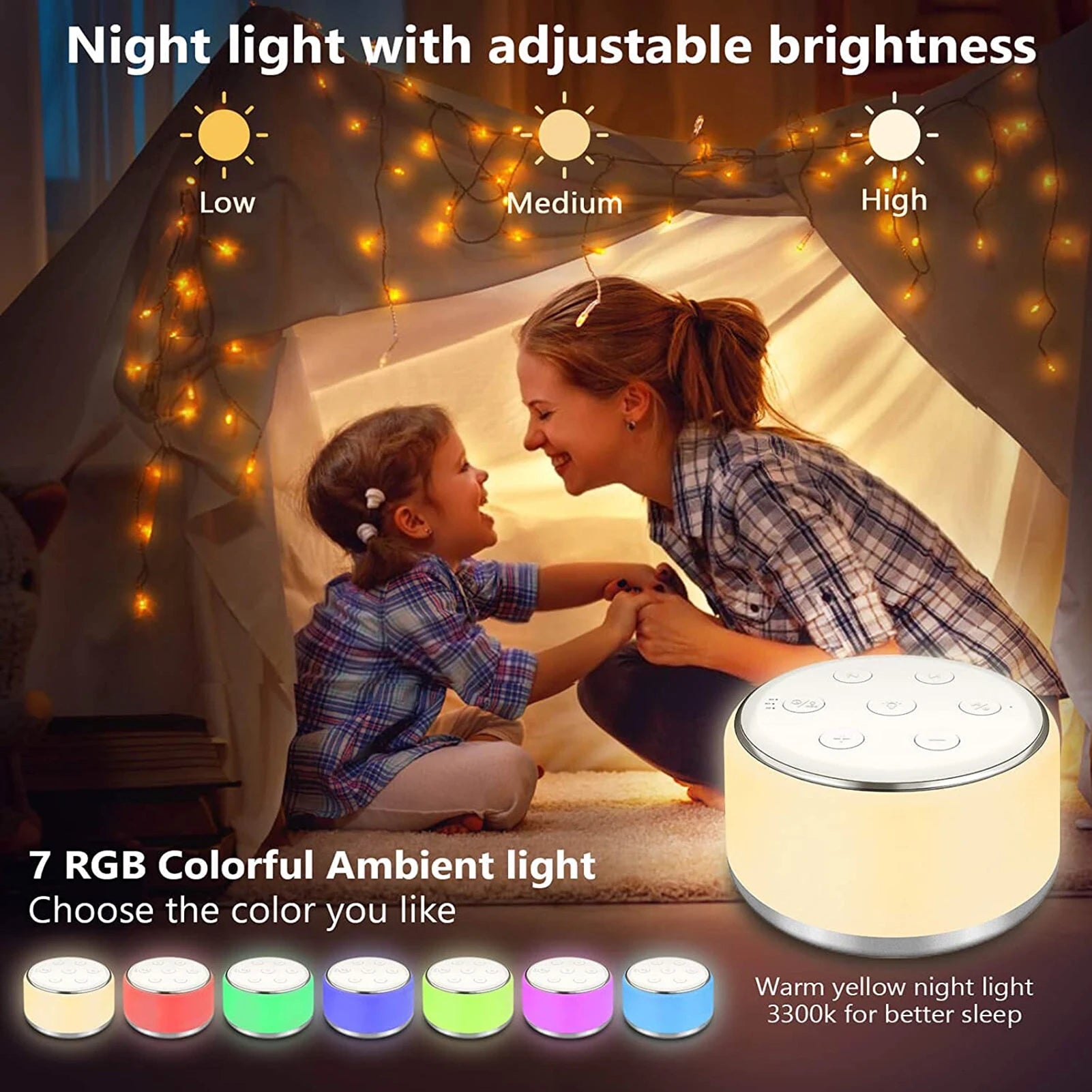 White noise machine with 7-color night light and 34 soothing sounds for baby sleep and relaxation