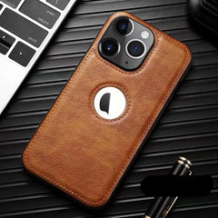 Luxury leather case with logo cutout and lens protection for iPhone 15 Pro Max, 14, 13, 12, 11, and older models