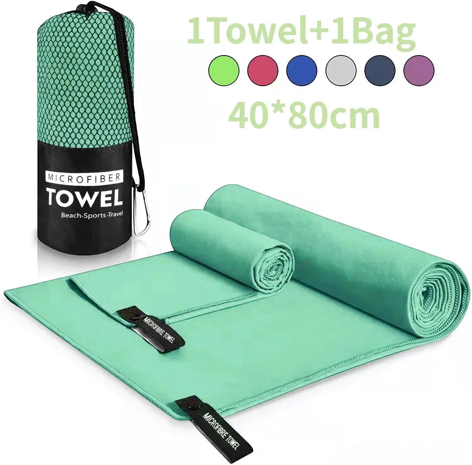 Quick-drying sports towel in blue, grey, green, and orange for gym, swimming, fitness, and outdoor activities