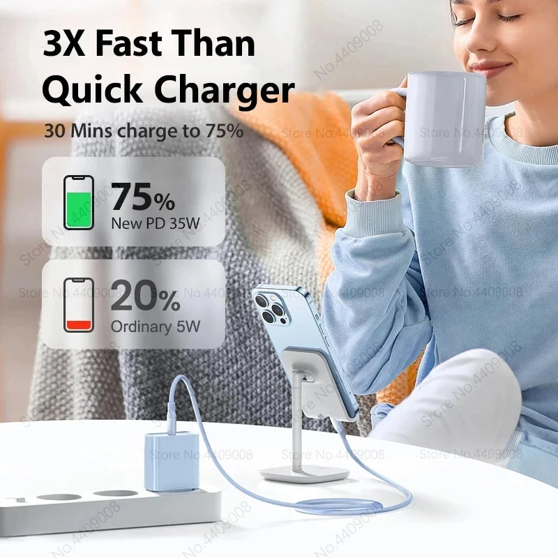 PD 35W USB-C Fast Charger with Type-C cable for iPhone 16, 15, 14, 13, 12, 11 Pro Max