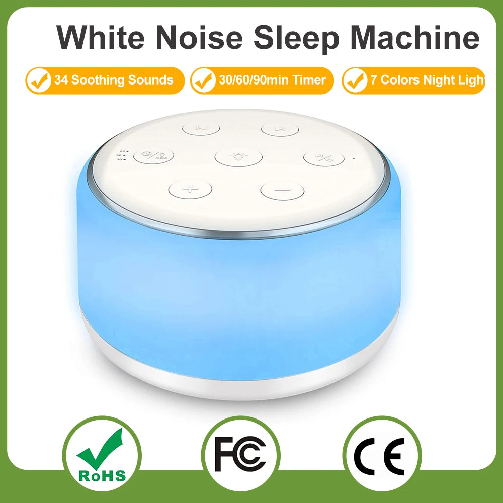 White noise machine with 7-color night light and 34 soothing sounds for baby sleep and relaxation