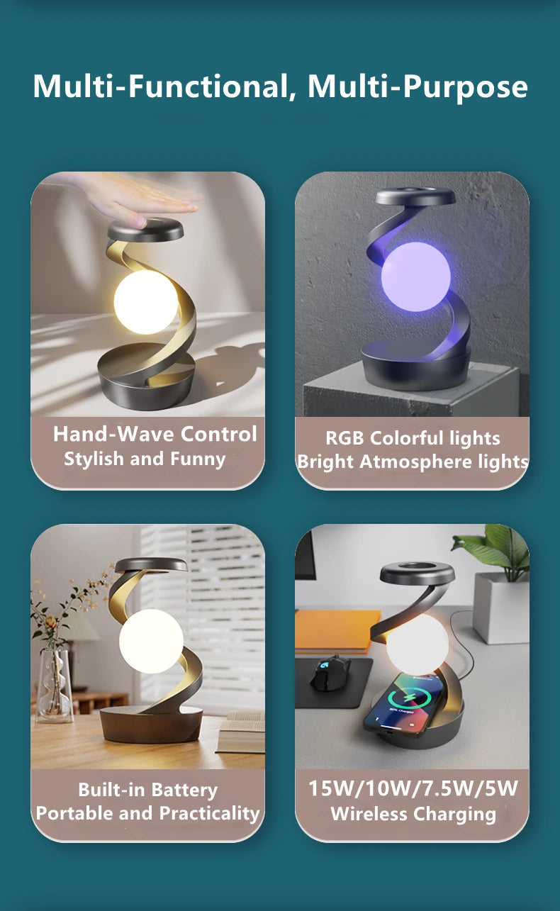 A modern creative table lamp with a rotating floating design, built-in 15W wireless charger for mobile phones, and RGB atmosphere night light for a cozy ambiance.