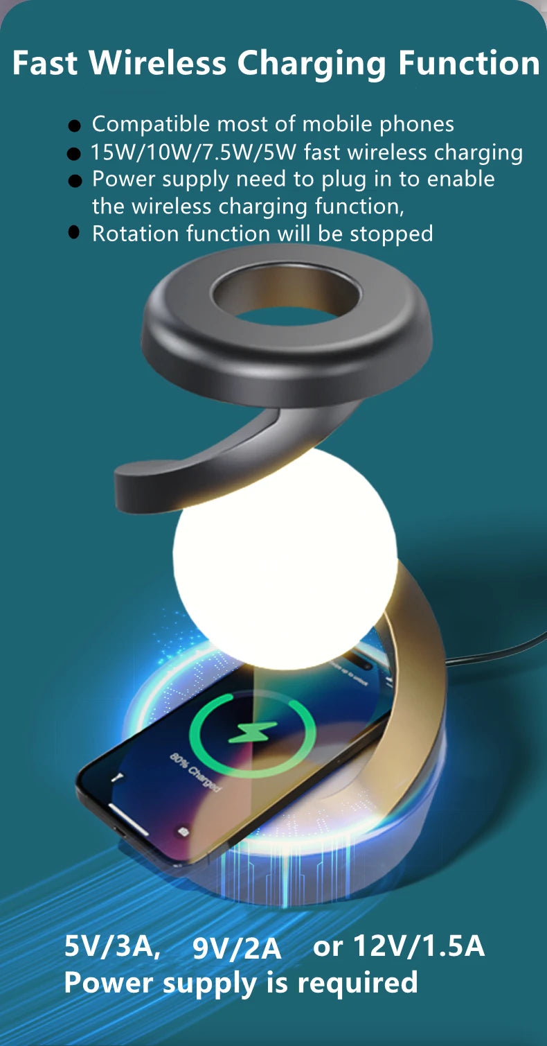 A modern creative table lamp with a rotating floating design, built-in 15W wireless charger for mobile phones, and RGB atmosphere night light for a cozy ambiance.