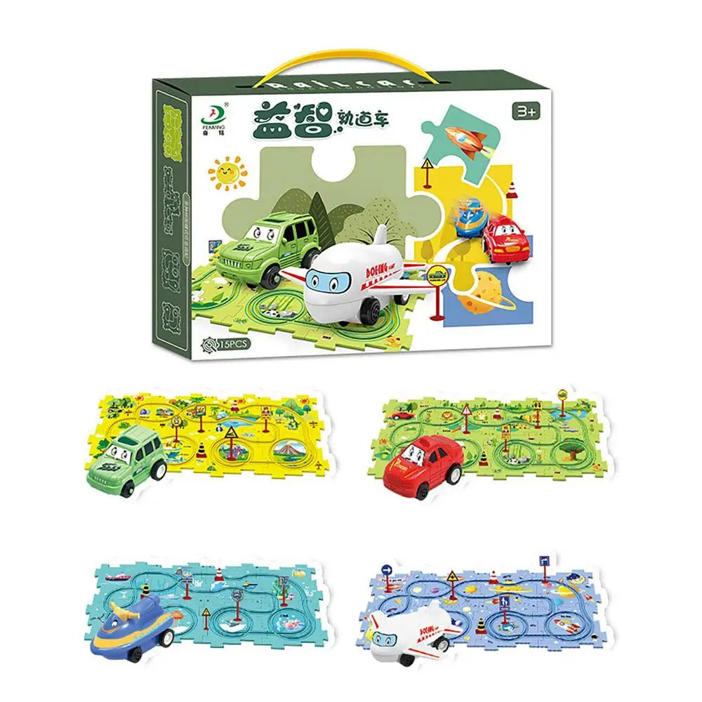 DIY Assembling Electric Trolley Slot Car Track Puzzle Play Set – Reusable Montessori Educational Race Track Toys for Kids