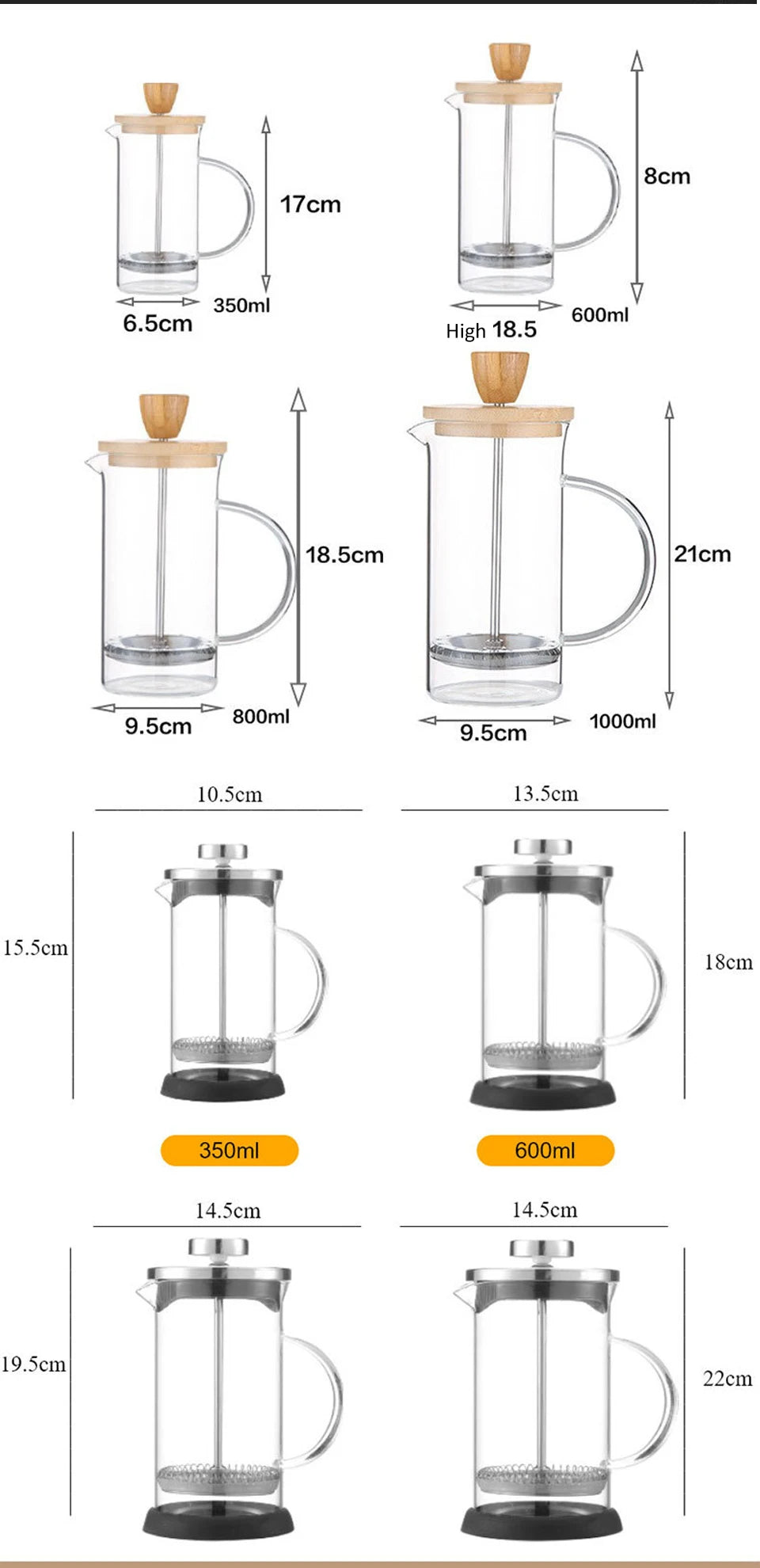 350-1000ml French Press Coffee Pot – Stainless Steel & Borosilicate Glass, Heat Resistant Coffee Maker & Percolator