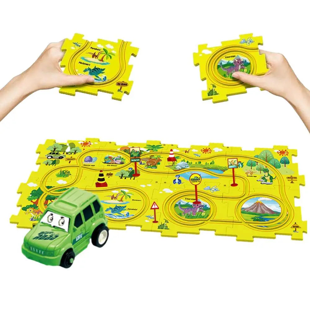 DIY Assembling Electric Trolley Slot Car Track Puzzle Play Set – Reusable Montessori Educational Race Track Toys for Kids