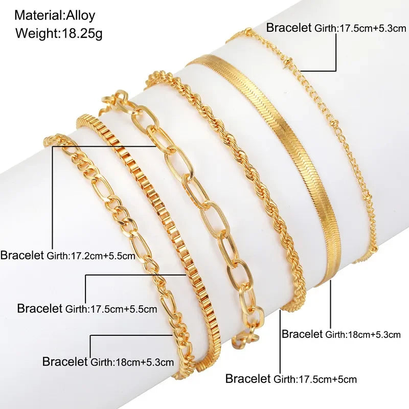 Bohemian Minimalist Metal Chain Women’s Bracelet Set – 6 Multi-Layer Simple and Fashionable Wedding Jewelry