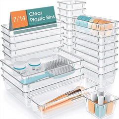 7/14 Pcs Clear Plastic Drawer Organizer Set for Makeup, Jewelry, and Office Storage