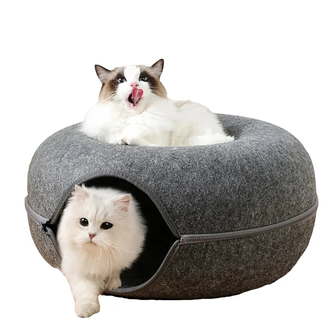 Donut-shaped cat bed with an interactive tunnel made of felt, ideal for kitten training, play, and resting indoors.