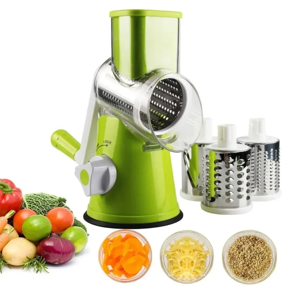 Multifunctional Manual Vegetable Cutter with 3 Sharp Drums for Slicing, Chopping, and Shredding Garlic, Potatoes, and Cheese