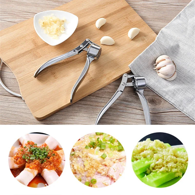 Stainless steel garlic press crusher and mincer for easy garlic grinding and manual squeezer use