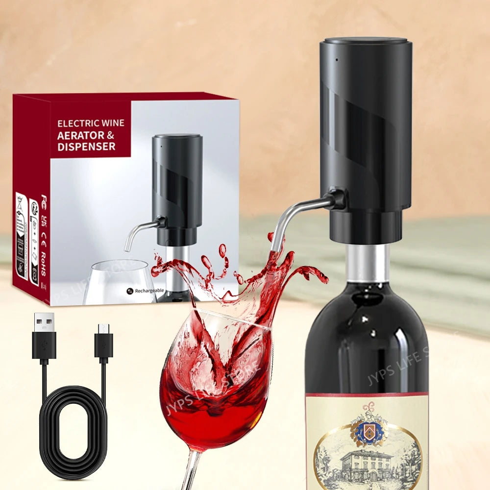 Rechargeable electric wine aerator and dispenser for automatic decanting and wine pouring