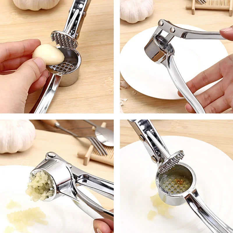 Stainless steel garlic press crusher and mincer for easy garlic grinding and manual squeezer use