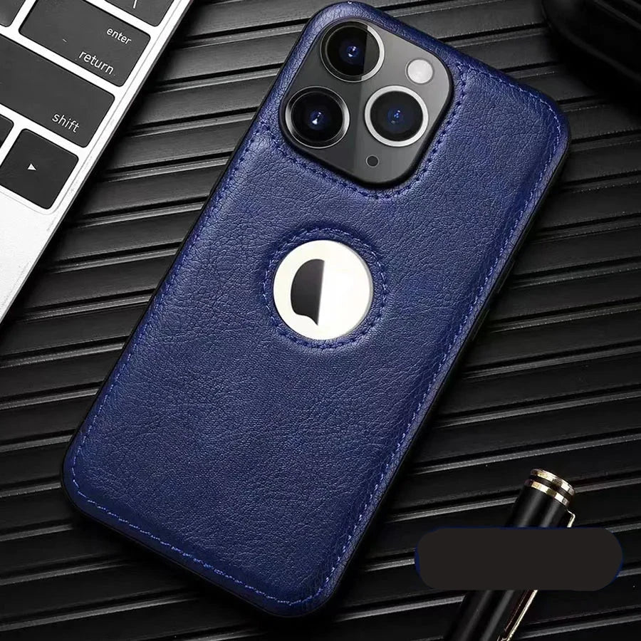 Luxury leather case with logo cutout and lens protection for iPhone 15 Pro Max, 14, 13, 12, 11, and older models