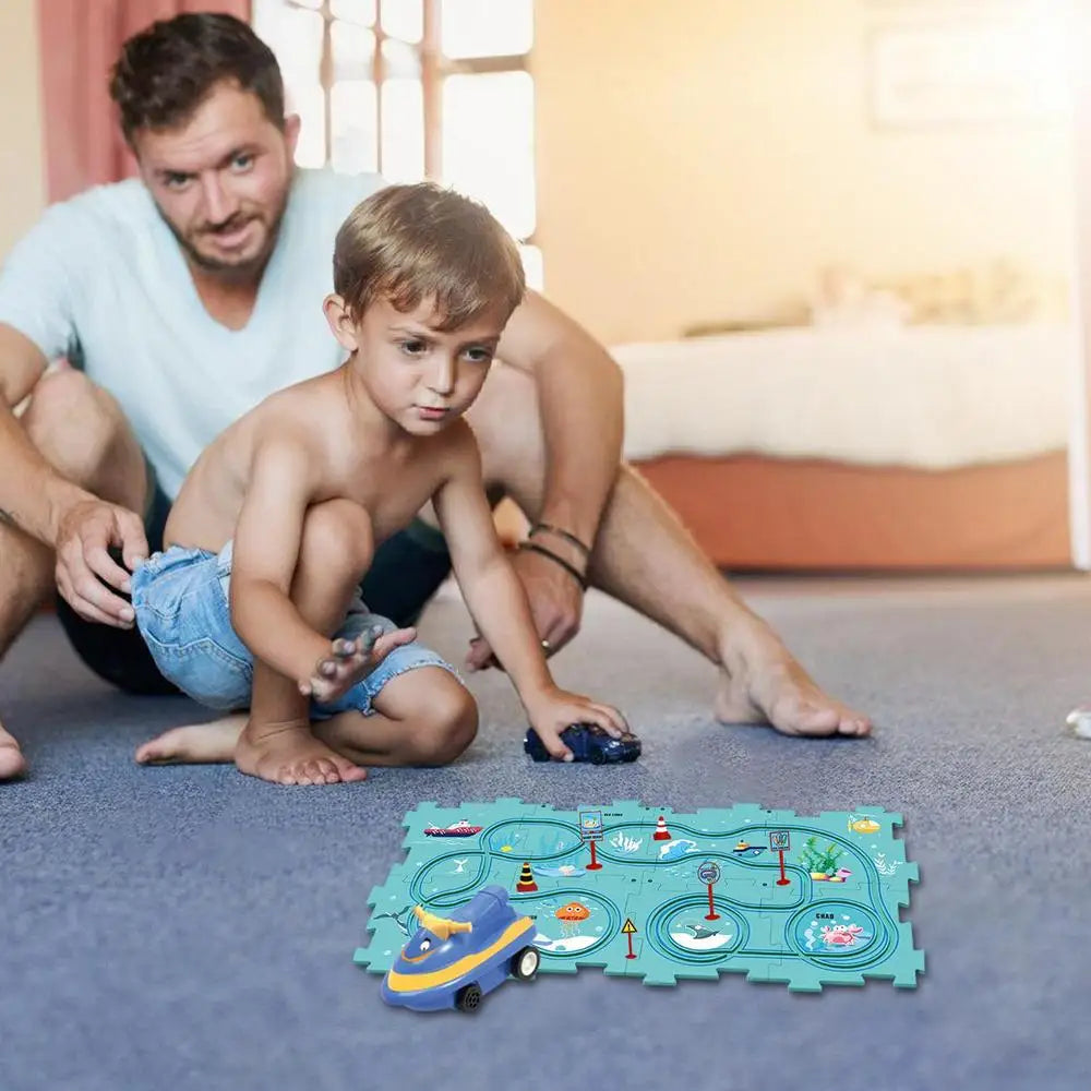 DIY Assembling Electric Trolley Slot Car Track Puzzle Play Set – Reusable Montessori Educational Race Track Toys for Kids