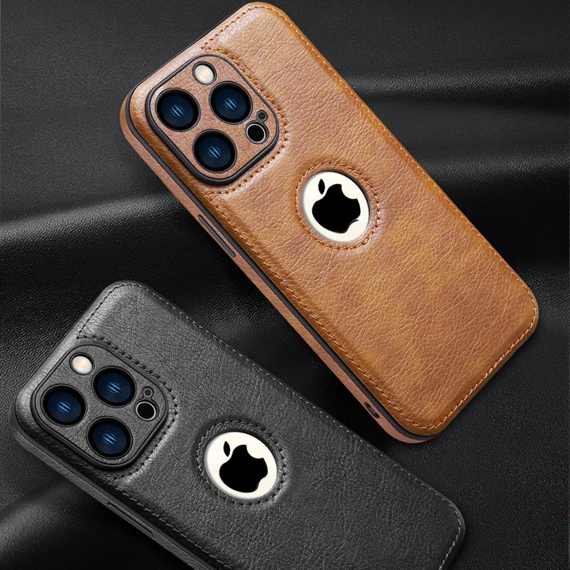 Luxury leather case with logo cutout and lens protection for iPhone 15 Pro Max, 14, 13, 12, 11, and older models