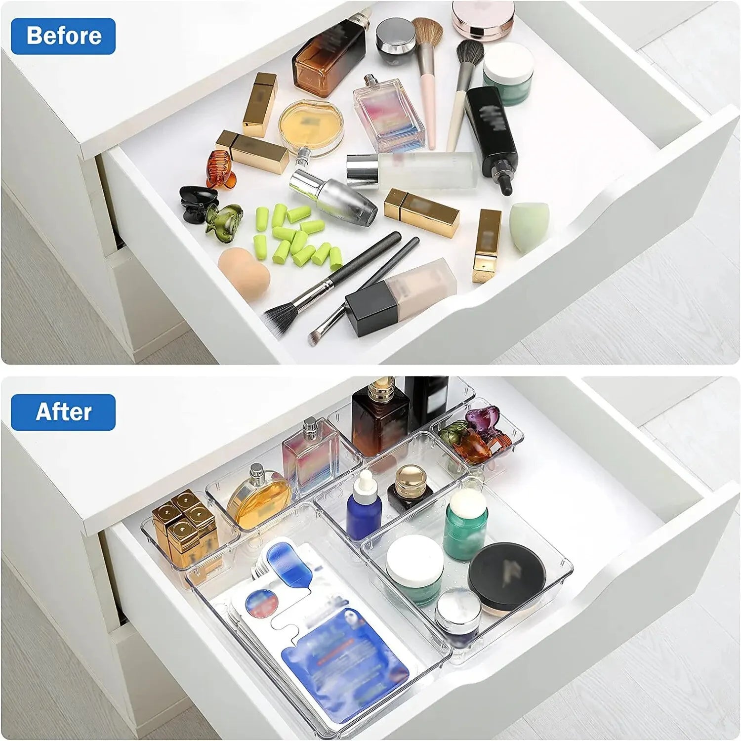 7/14 Pcs Clear Plastic Drawer Organizer Set for Makeup, Jewelry, and Office Storage