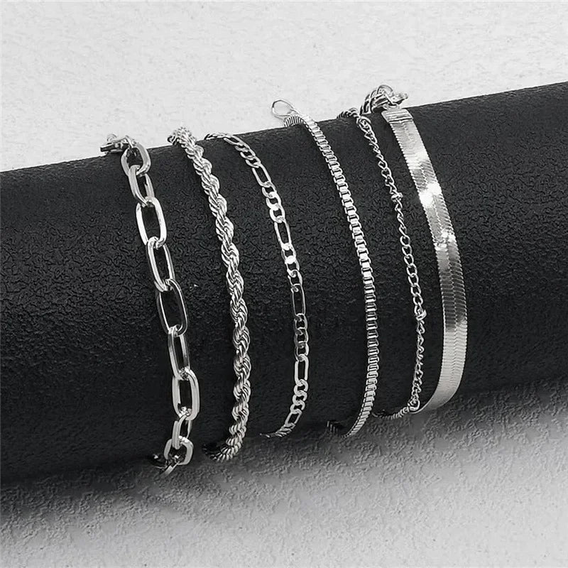 Bohemian Minimalist Metal Chain Women’s Bracelet Set – 6 Multi-Layer Simple and Fashionable Wedding Jewelry