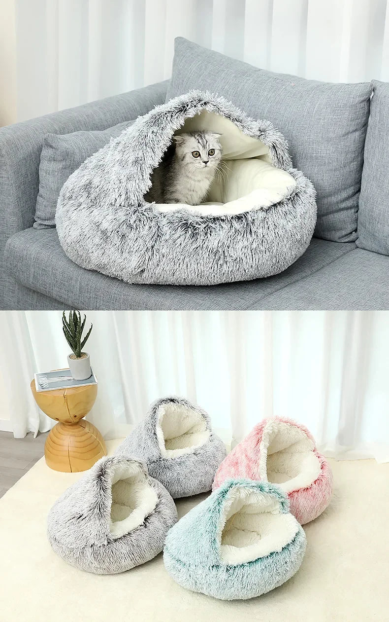 2 in 1 Winter Soft Plush Pet Bed Round Cat Bed Pet Mattress for Small Dogs and Kittens – Warm Sleeping Nest Cave