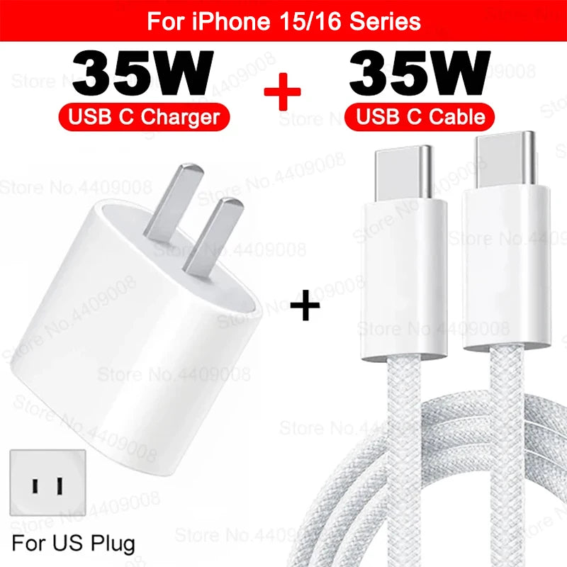 PD 35W USB-C Fast Charger with Type-C cable for iPhone 16, 15, 14, 13, 12, 11 Pro Max