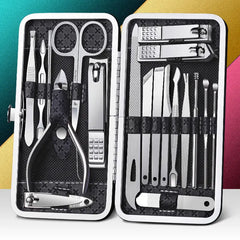 Complete nail clipper set with 8/9/11/12/16/19PCS stainless steel manicure and pedicure tools, including nail scissors, earpick, and toe nail clippers