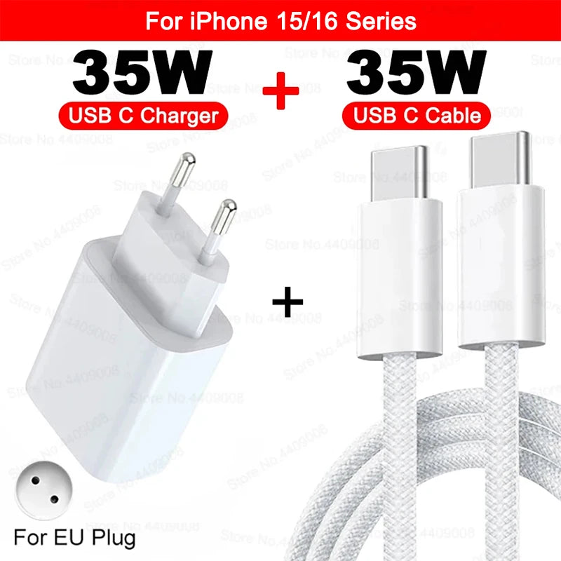 PD 35W USB-C Fast Charger with Type-C cable for iPhone 16, 15, 14, 13, 12, 11 Pro Max