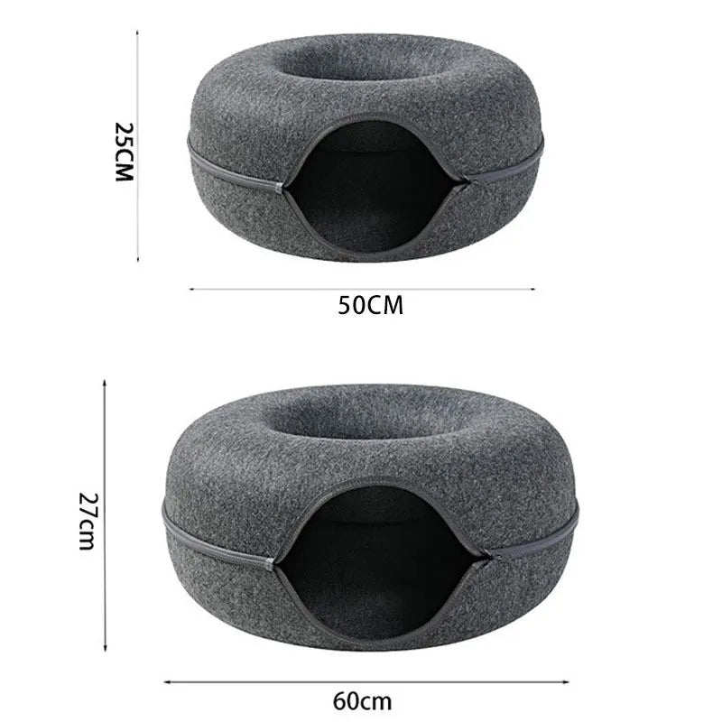 Donut-shaped cat bed with an interactive tunnel made of felt, ideal for kitten training, play, and resting indoors.