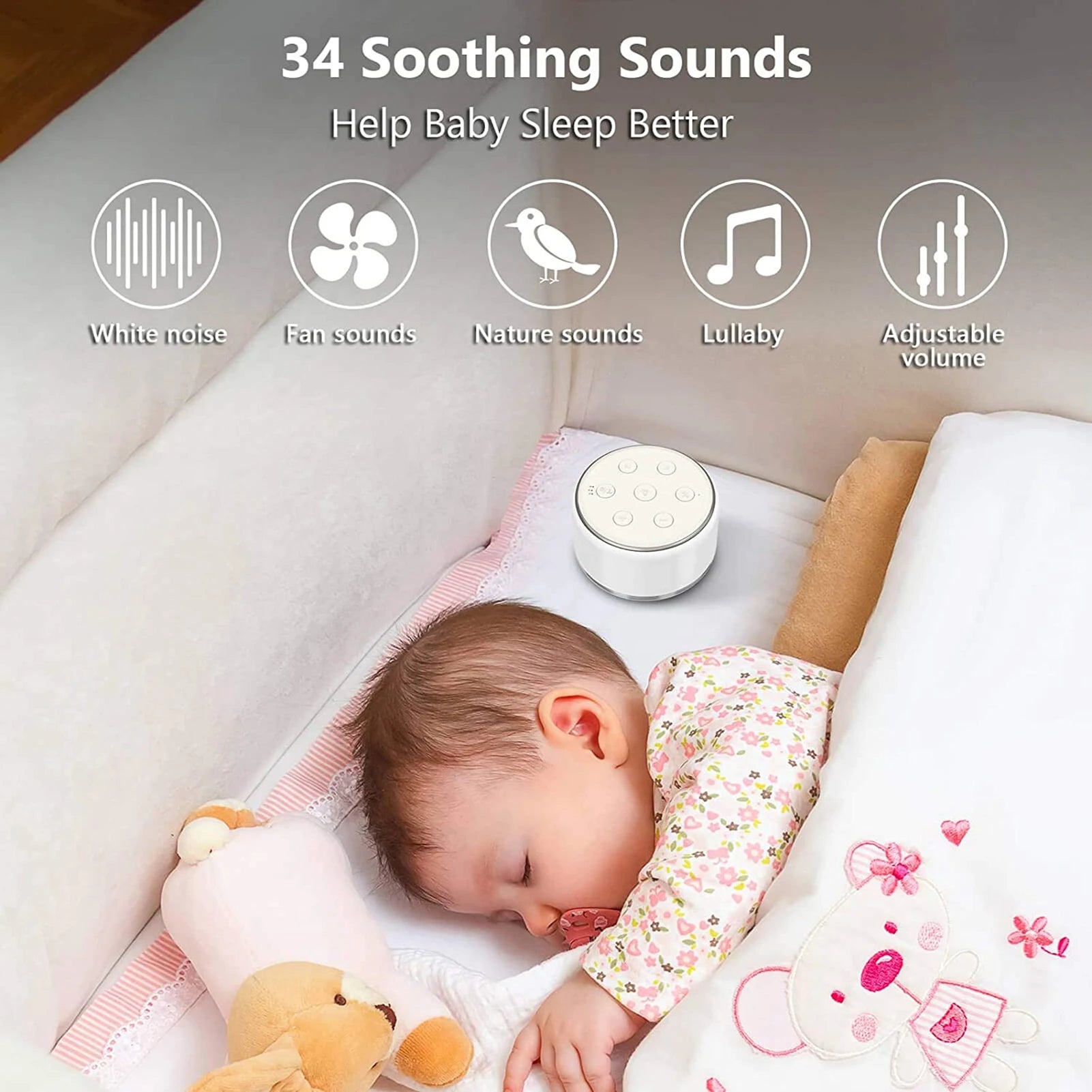 White noise machine with 7-color night light and 34 soothing sounds for baby sleep and relaxation