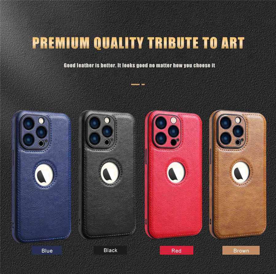 Luxury leather case with logo cutout and lens protection for iPhone 15 Pro Max, 14, 13, 12, 11, and older models