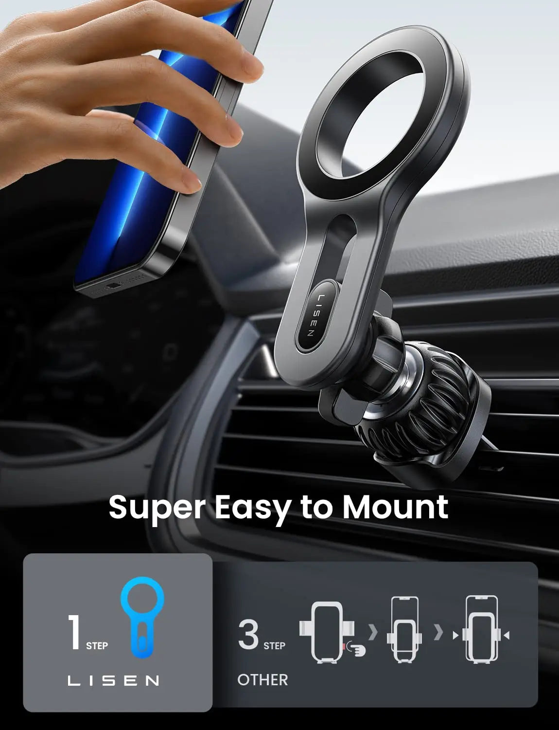 LISEN MagSafe car mount with ultra-magnetic long arm design, ideal car phone holder for iPhone 16, 15, 14, 13, and 12