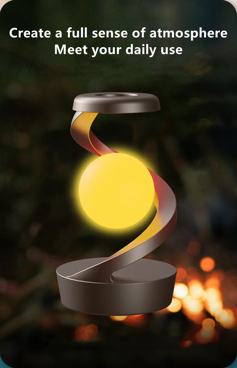 A modern creative table lamp with a rotating floating design, built-in 15W wireless charger for mobile phones, and RGB atmosphere night light for a cozy ambiance.