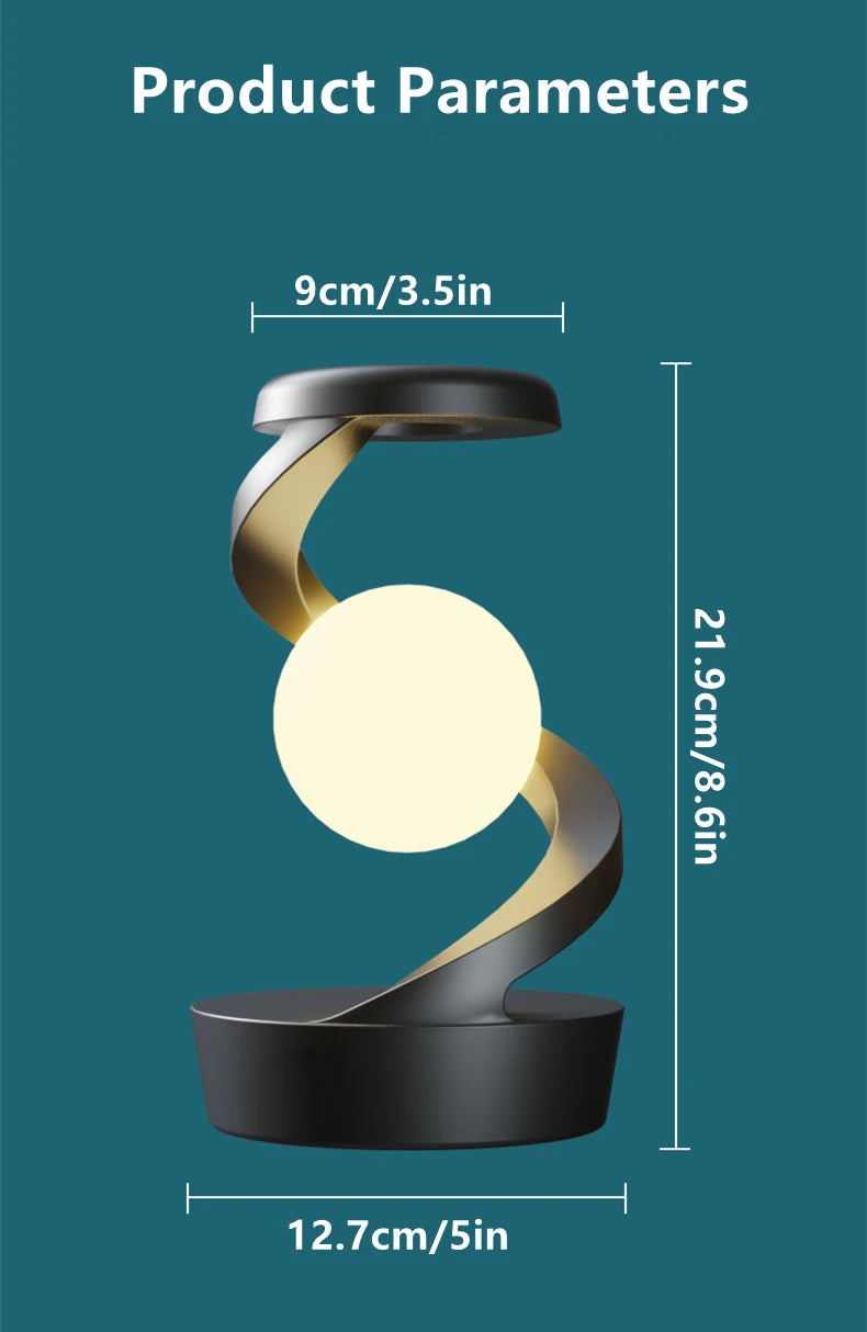 A modern creative table lamp with a rotating floating design, built-in 15W wireless charger for mobile phones, and RGB atmosphere night light for a cozy ambiance.