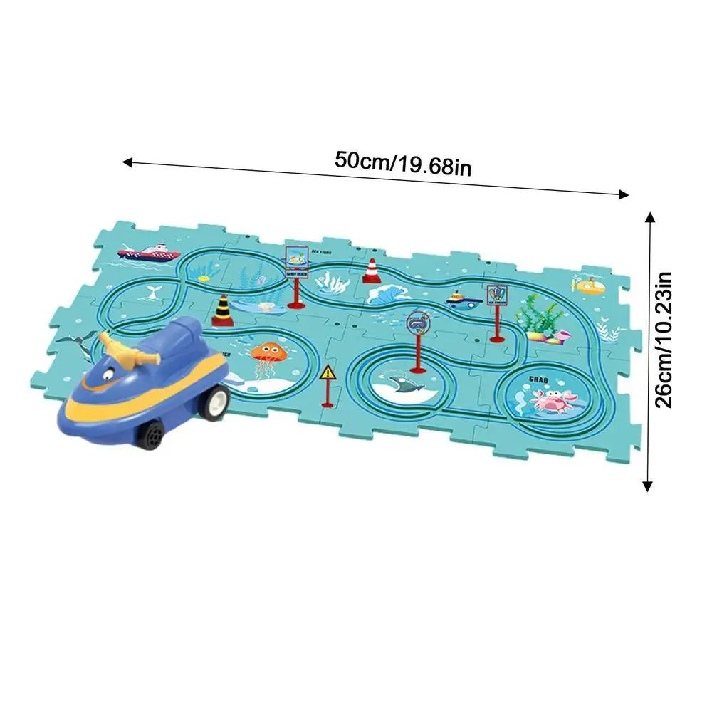 DIY Assembling Electric Trolley Slot Car Track Puzzle Play Set – Reusable Montessori Educational Race Track Toys for Kids