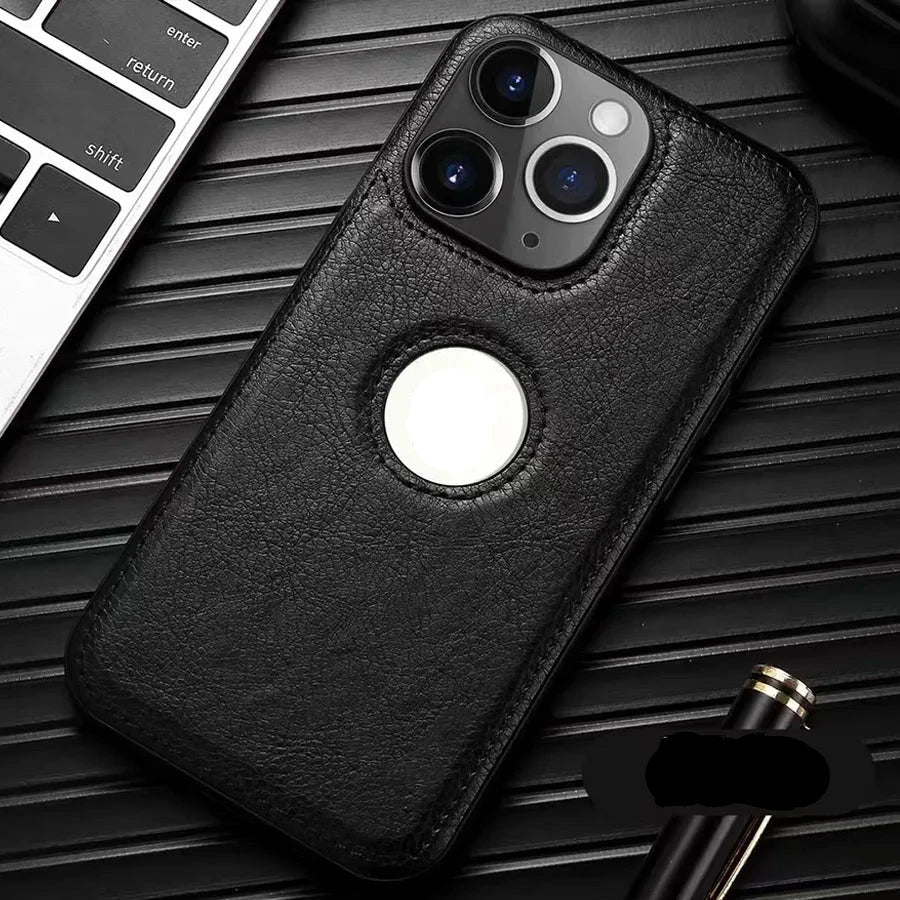 Luxury leather case with logo cutout and lens protection for iPhone 15 Pro Max, 14, 13, 12, 11, and older models