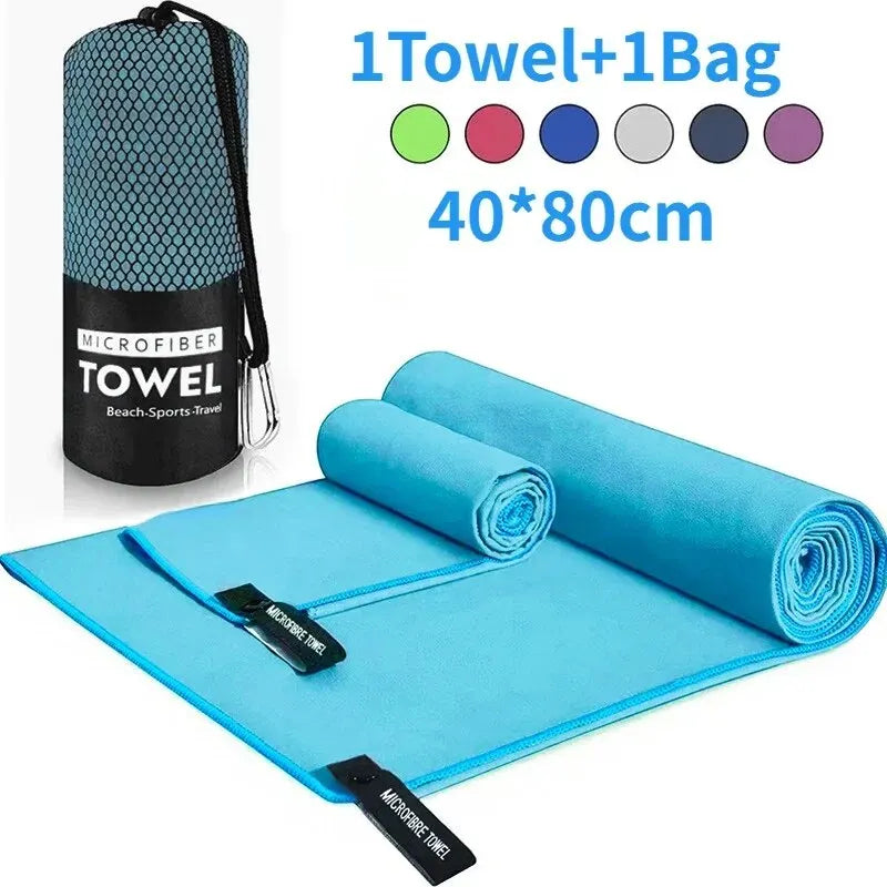 Quick-drying sports towel in blue, grey, green, and orange for gym, swimming, fitness, and outdoor activities