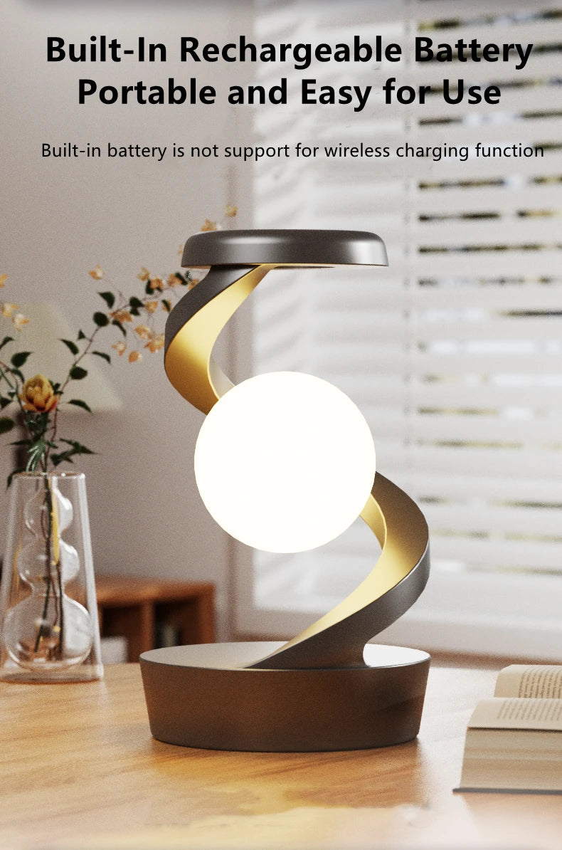 A modern creative table lamp with a rotating floating design, built-in 15W wireless charger for mobile phones, and RGB atmosphere night light for a cozy ambiance.