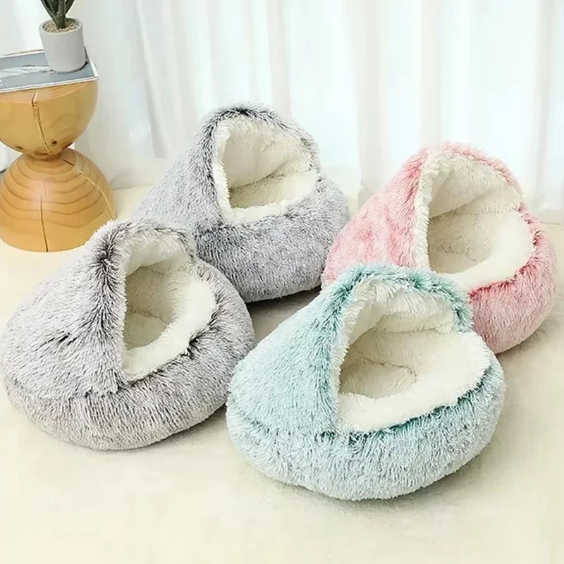 2 in 1 Winter Soft Plush Pet Bed Round Cat Bed Pet Mattress for Small Dogs and Kittens – Warm Sleeping Nest Cave