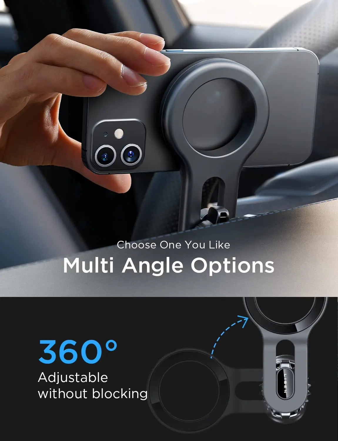 LISEN MagSafe car mount with ultra-magnetic long arm design, ideal car phone holder for iPhone 16, 15, 14, 13, and 12