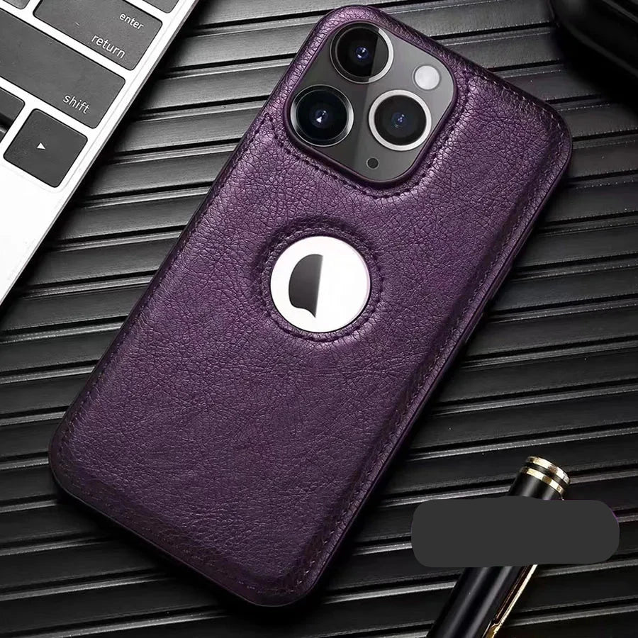 Luxury leather case with logo cutout and lens protection for iPhone 15 Pro Max, 14, 13, 12, 11, and older models