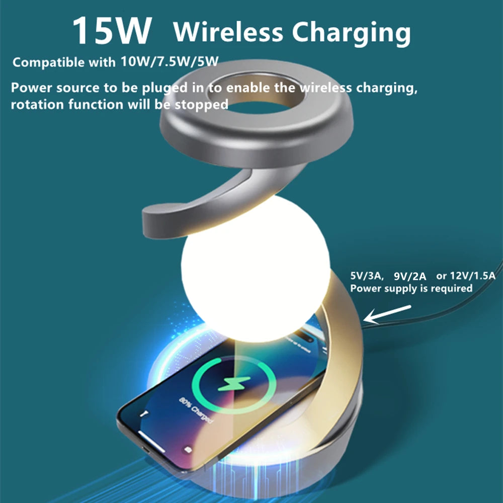 A modern creative table lamp with a rotating floating design, built-in 15W wireless charger for mobile phones, and RGB atmosphere night light for a cozy ambiance.